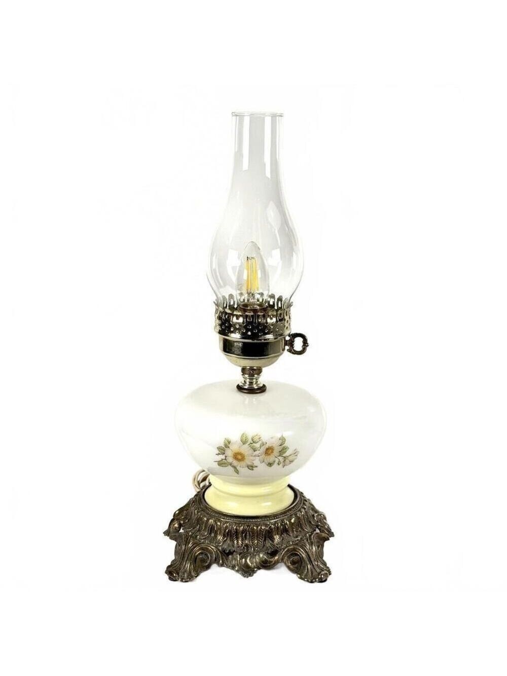1971 L&LWMC Vintage Hurricane Lamp White Ceramic Floral Cast Metal Base